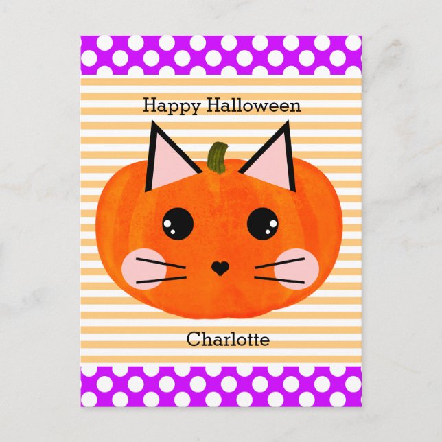 Purple Orange Pumpkin Cat Happy Halloween Postcard (Front)