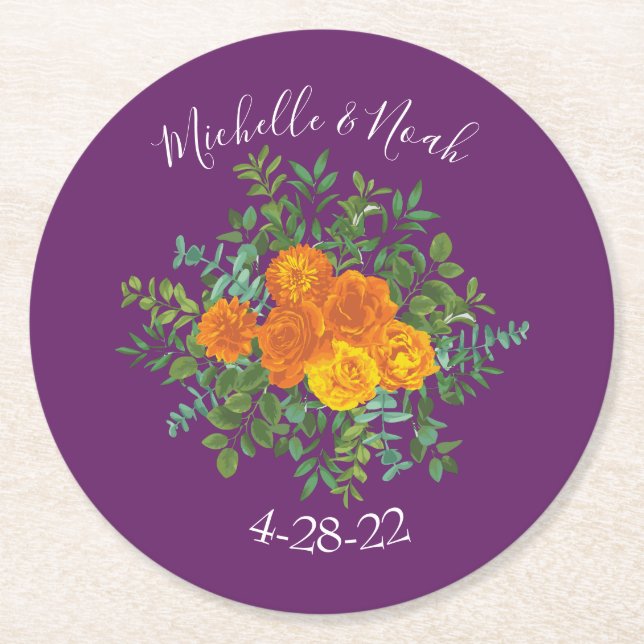 Purple Orange Rose Wedding Spring Round Paper Coaster (Front)