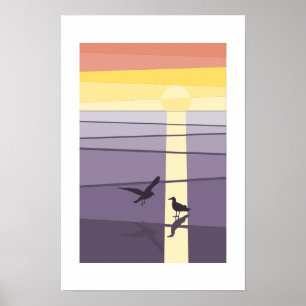 Purple Orange Seabirds at Shore Vector Art Poster