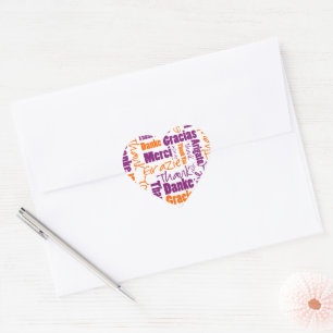 Purple / Orange Thank You Multilingual Word Cloud Heart Sticker