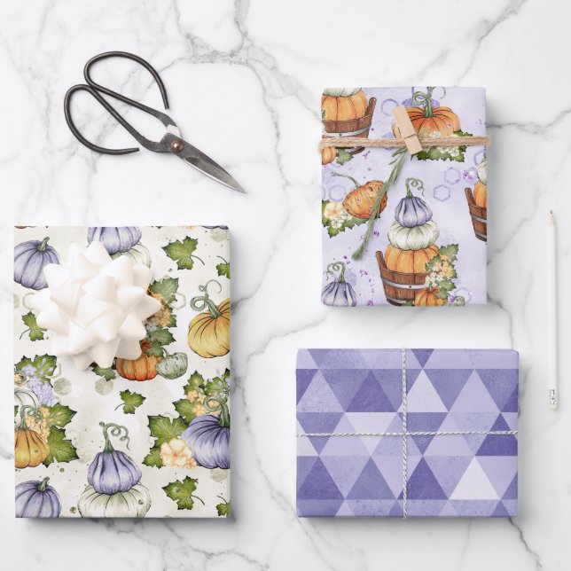 PURPLE ORANGE WHITE FALL AUTUMN PUMPKINS WRAPPING PAPER SHEET (Front)
