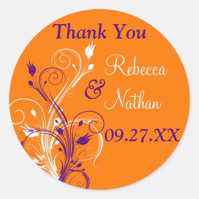 Purple Orange White Floral 1.5" Wedding Sticker 4 (Front)