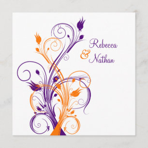 Purple Orange White Floral Sq. Wedding Invitation