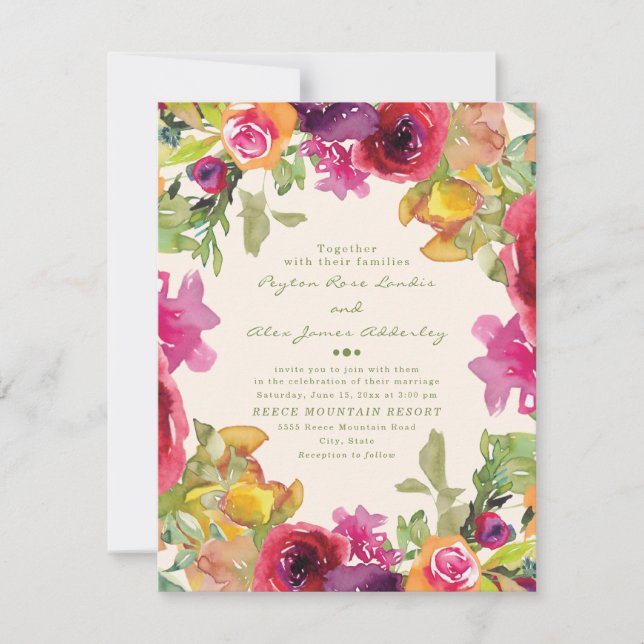 Purple Orange Yellow Watercolor Floral Wedding Invitation (Front)