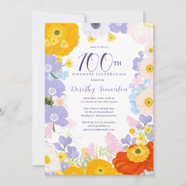 Purple Orange Yellow Wildflowers 100th Birthday Invitation (Front)