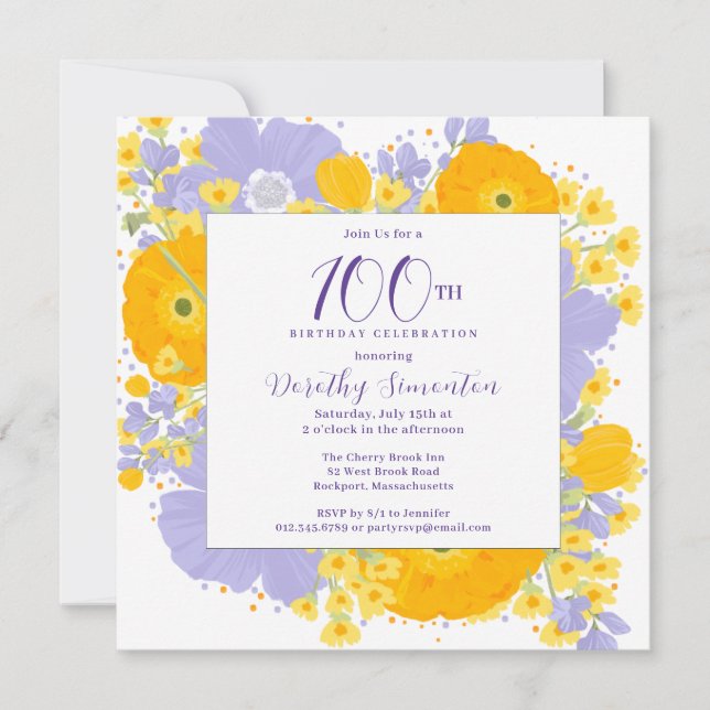 Purple Orange Yellow Wildflowers 100th Birthday Invitation (Front)