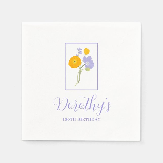 Purple Orange Yellow Wildflowers 100th Birthday Napkin (Front)
