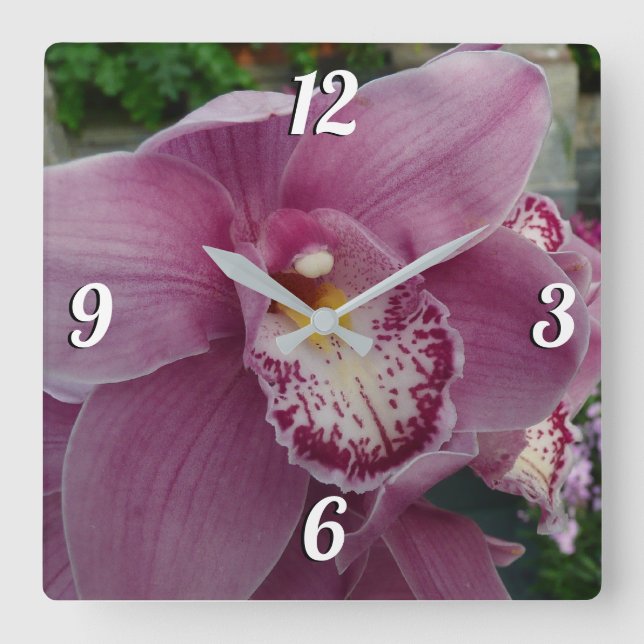 Purple Orchid and Garden Colourful Floral Square Wall Clock (Front)