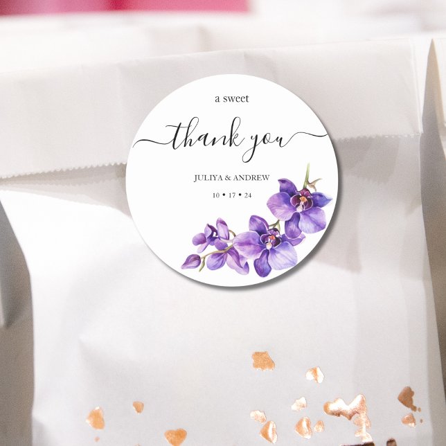Purple orchid and white script wedding  classic round sticker (Creator Uploaded)
