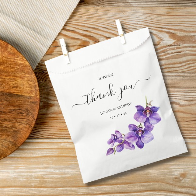 Purple orchid and white script wedding  favour bag (Creator Uploaded)