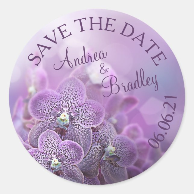 Purple Orchid Flower Personalized Wedding Classic Round Sticker (Front)