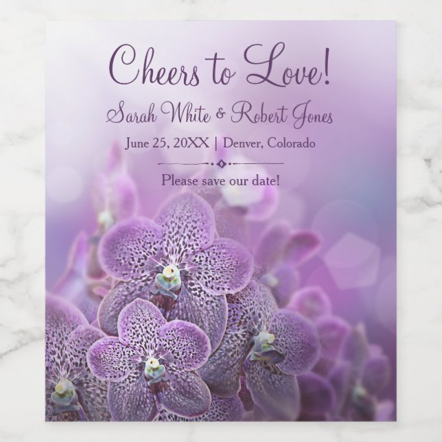 Purple orchid flower wedding save the date wine label (Single Label)