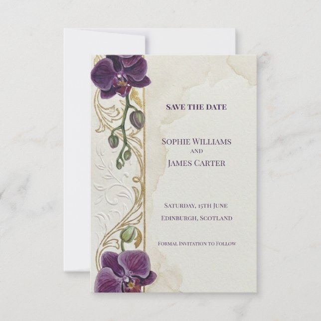 Purple Orchid Gold Save The Date Card (Front)