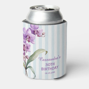 Purple Orchid Green Stripes Floral 30th Birthday  Can Cooler