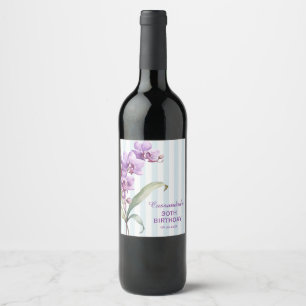 Purple Orchid Green Stripes Floral 30th Birthday  Wine Label