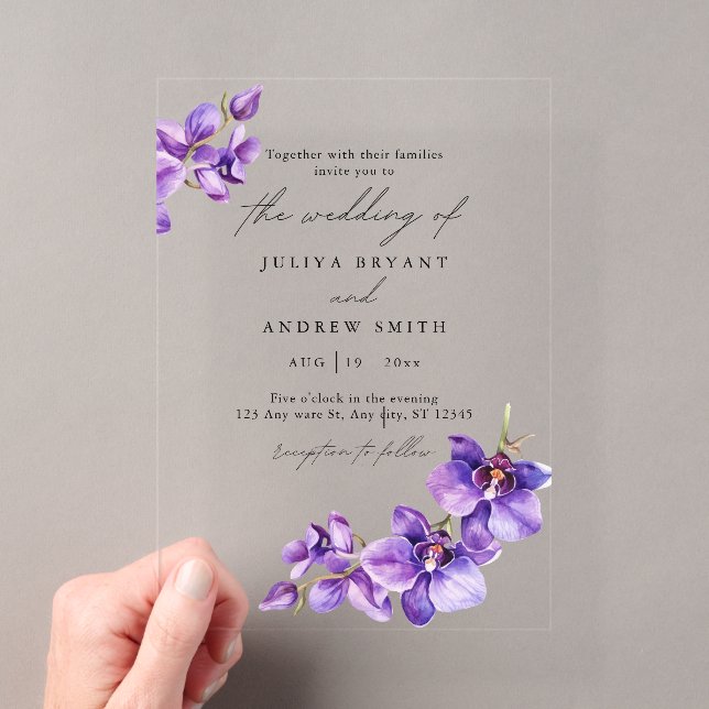 Purple Orchid in white script wedding Acrylic Invitations (Insitu (Handheld))