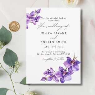 Purple Orchid in white script wedding Invitation