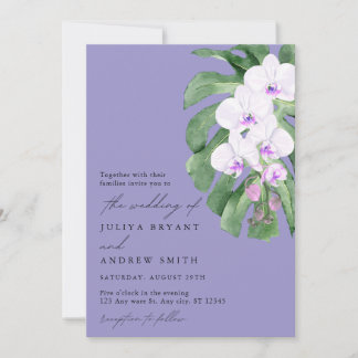 Purple Orchid on Tropical leaf script wedding Invitation