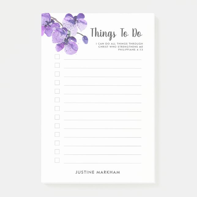 Purple Orchid Scripture Personalized To Do List Post-it Notes (Front)