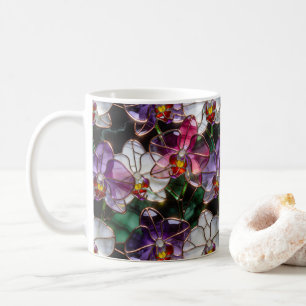 Purple Orchid Stained Glass Mosaic Floral Pattern Coffee Mug