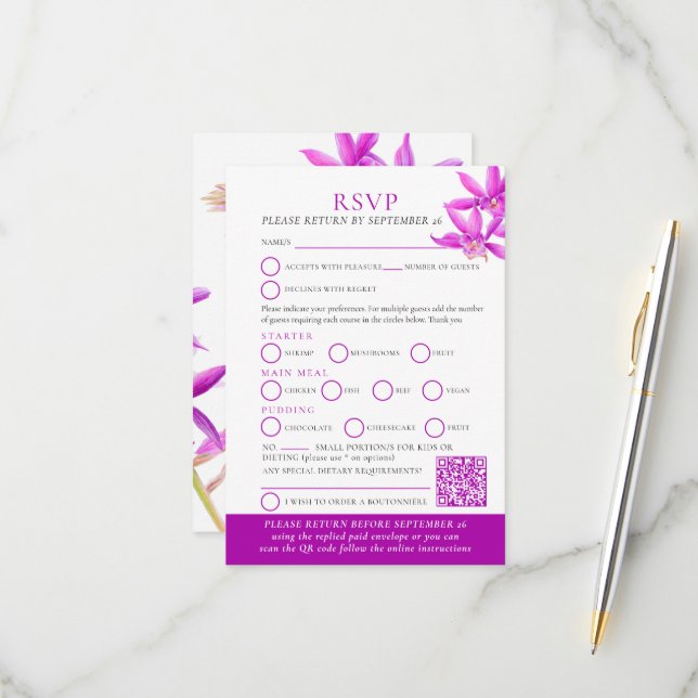 Purple orchid watercolor wedding RSVP QR code  Card (Front/Back In Situ)