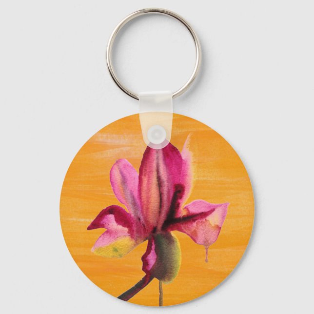 Purple Orchid watercolour orange pop art flower Keychain (Front)