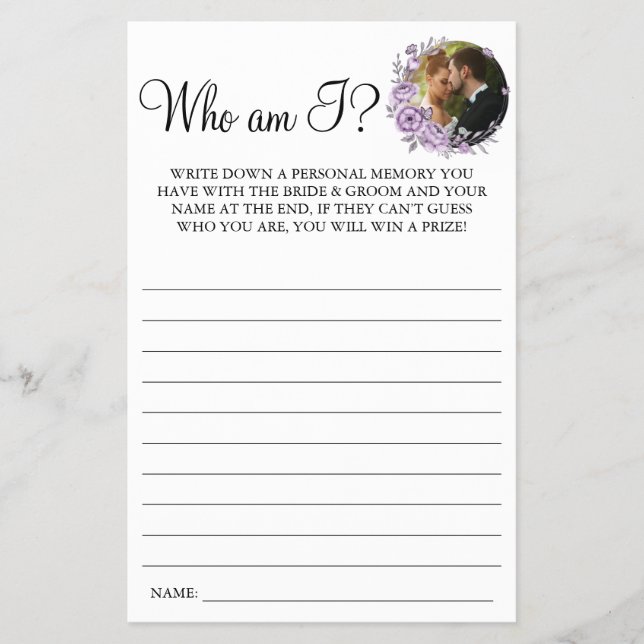 Purple Orchid Who am I Couples Shower game card (Front)