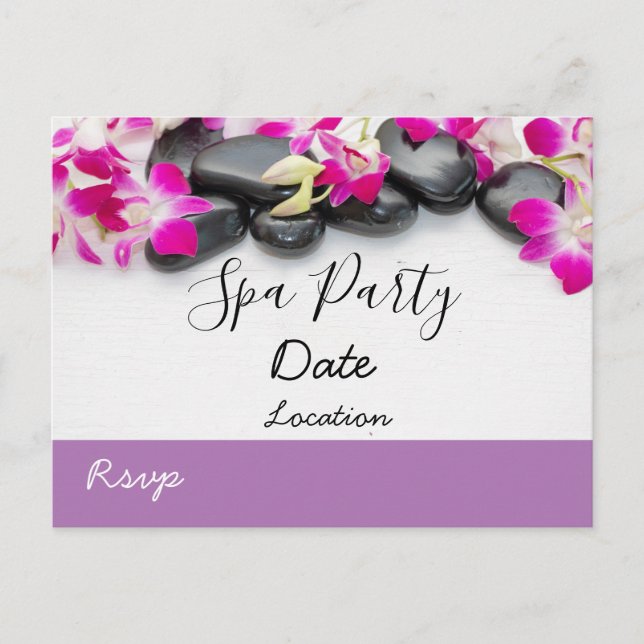 Purple orchid with black hot stone spa party postcard (Front)