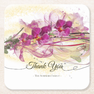 Purple Orchids Abstract Art Calligraphy Square Paper Coaster