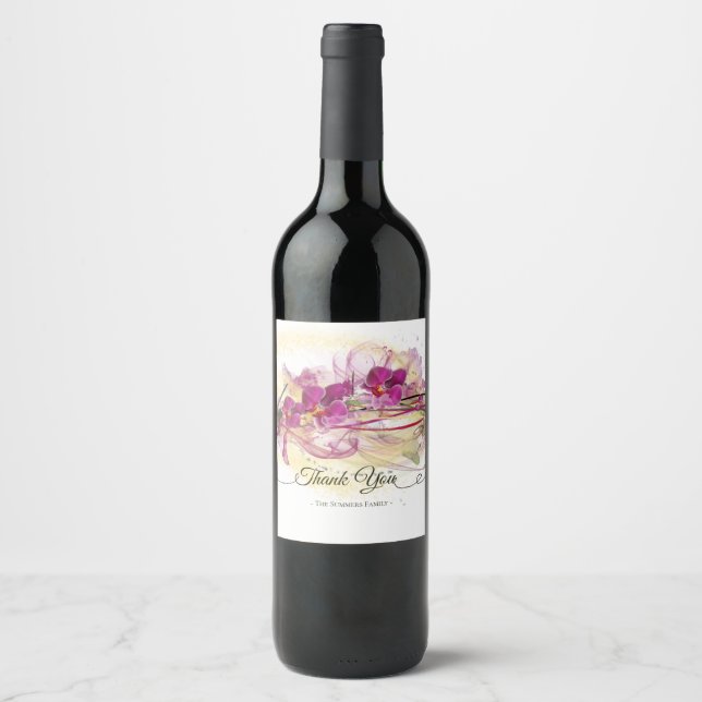 Purple Orchids Abstract Art Calligraphy Wine Label (Front)