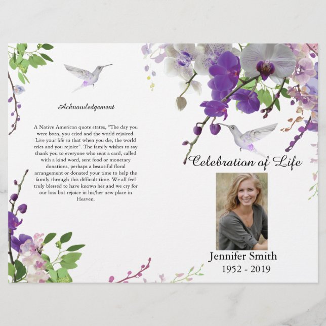 Purple Orchids Hummingbird Funeral Program Flyer (Front)