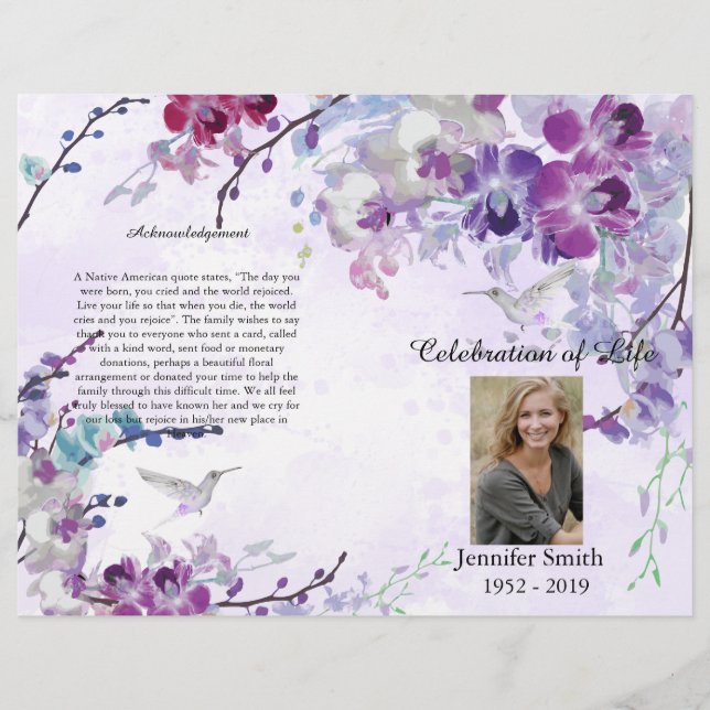 Purple Orchids Hummingbird Funeral Program Flyer (Front)