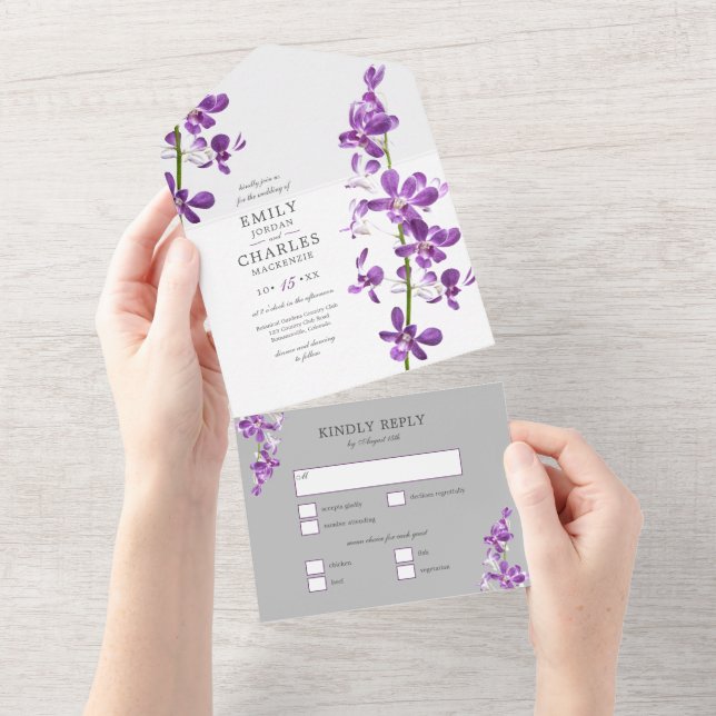 Purple Orchids, Modern Elegant Wedding All In One  All In One Invitation (Tearaway)