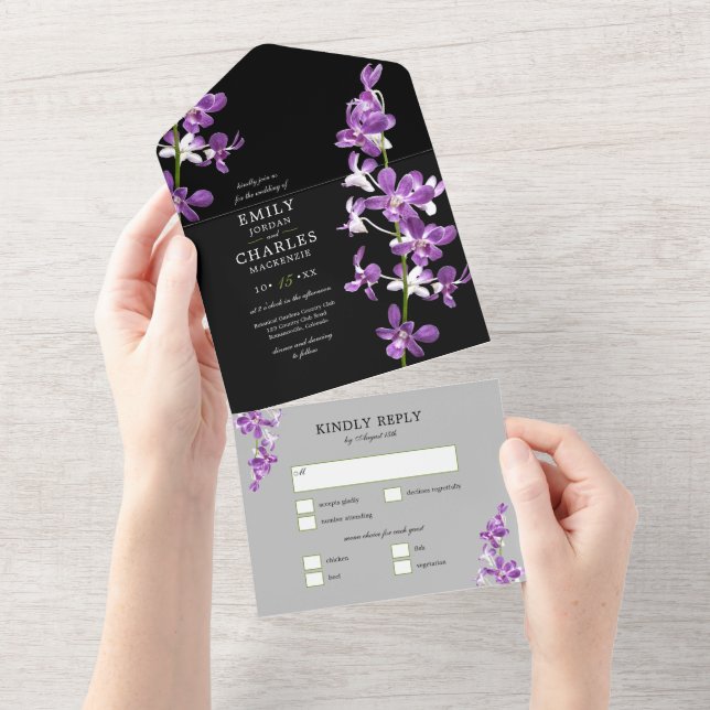 Purple Orchids, Modern Elegant Wedding All In One Invitation (Tearaway)