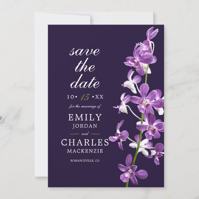 Purple Orchids, Modern Elegant Wedding Save The Date (Front)