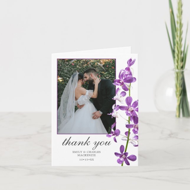 Purple Orchids, Modern Elegant Wedding Thank You C Card (Front)