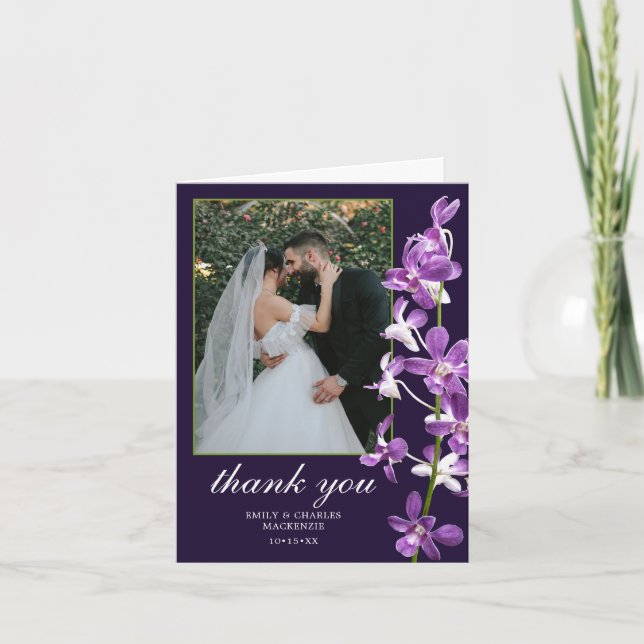 Purple Orchids, Modern Elegant Wedding Thank You Card (Front)