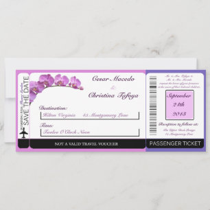Purple Orchids on Boarding Pass Wedding Invitation