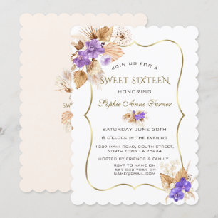 Purple Orchids Pampas Grass Gold Frame Sweet 16   Invitation