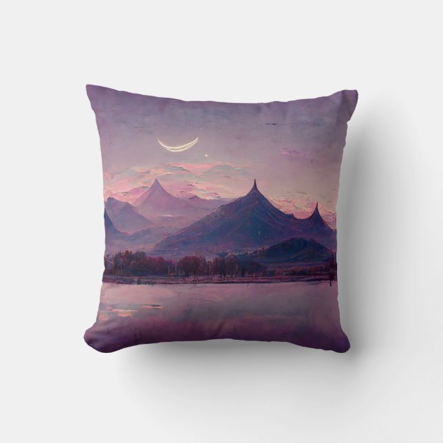 Purple Oriental Landscape Painting Throw Pillow (Front)