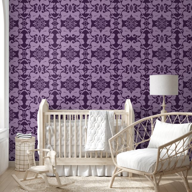 Purple Ornate Scroll Leaf Pattern Wallpaper (Kids)