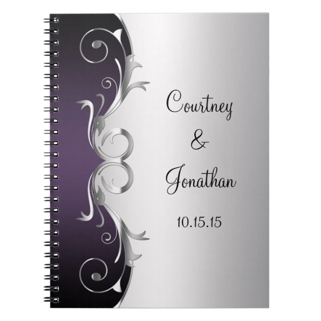Purple Ornate Silver Swirls Wedding Guest Book (Front)