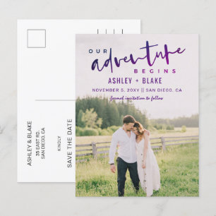 Purple Our Adventure Begins Photo Save the Date Announcement Postcard