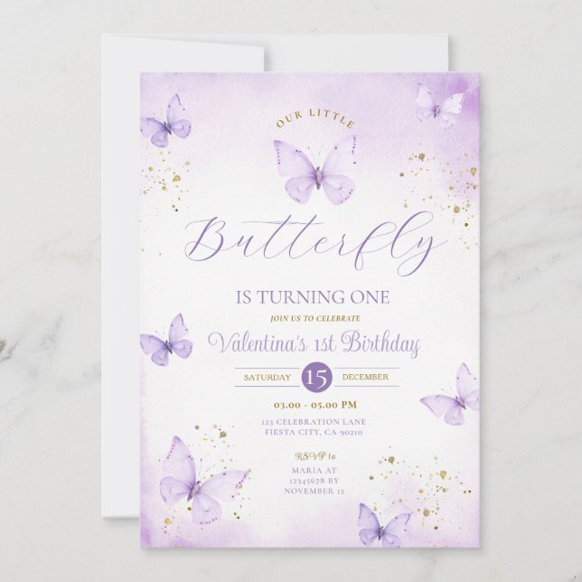 Purple Our Little Butterfly is turning one Gold Invitation (Front)