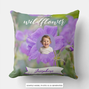 Purple Our Little Wildflower Custom Kid Photo Name Throw Pillow