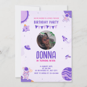 Purple Outer Space Birthday For Kids  Invitation