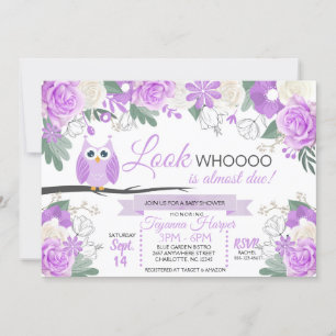 Purple Owl Floral Baby Shower Invitation