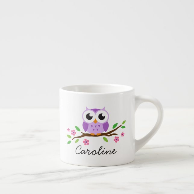 Purple owl on branch cute personalized name espresso cup (Right)