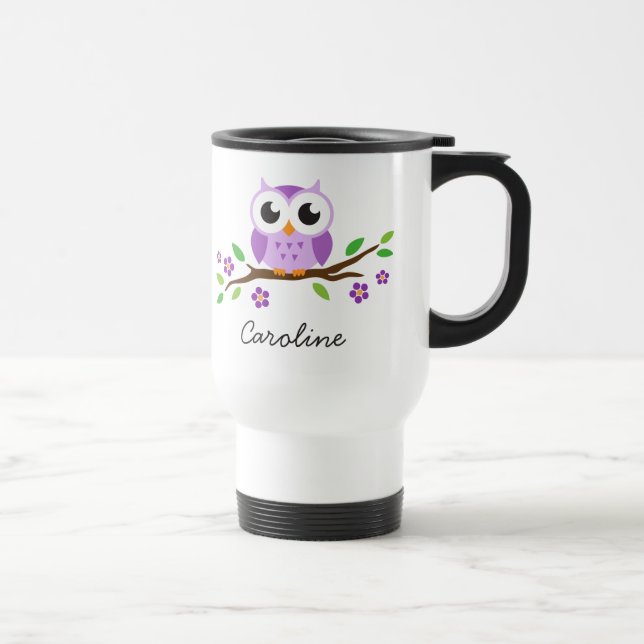 Purple owl on flowering branch personalized name travel mug (Right)