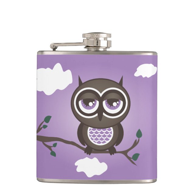 Purple Owl Sitting on a Branch Flask (Front)